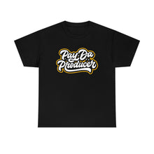 Load image into Gallery viewer, Black T-shirt with Pay Da Producer Apparel logo
