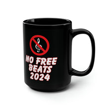 Load image into Gallery viewer, black mug treble clef with a circle and a line going through it the words No Free Beats 2024 under it right view
