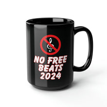 Load image into Gallery viewer, Black mug a Treble clef with a red circle and a line through it with the words No Free Beats 2024 under it
