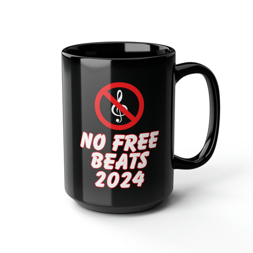 Black mug a Treble clef with a red circle and a line through it with the words No Free Beats 2024 under it