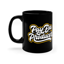 Load image into Gallery viewer, Black 11oz mug with Pay Da Producer logo on front
