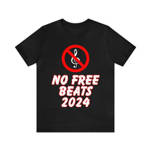 Load image into Gallery viewer, black T-shirt for music Producers with a Treble Clef an a circle and line going through it no free beats written under it
