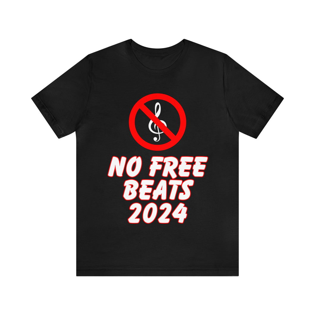 black T-shirt for music Producers with a Treble Clef an a circle and line going through it no free beats written under it