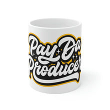 Load image into Gallery viewer, white 11oz mug with Pay Da Producer logo on the front
