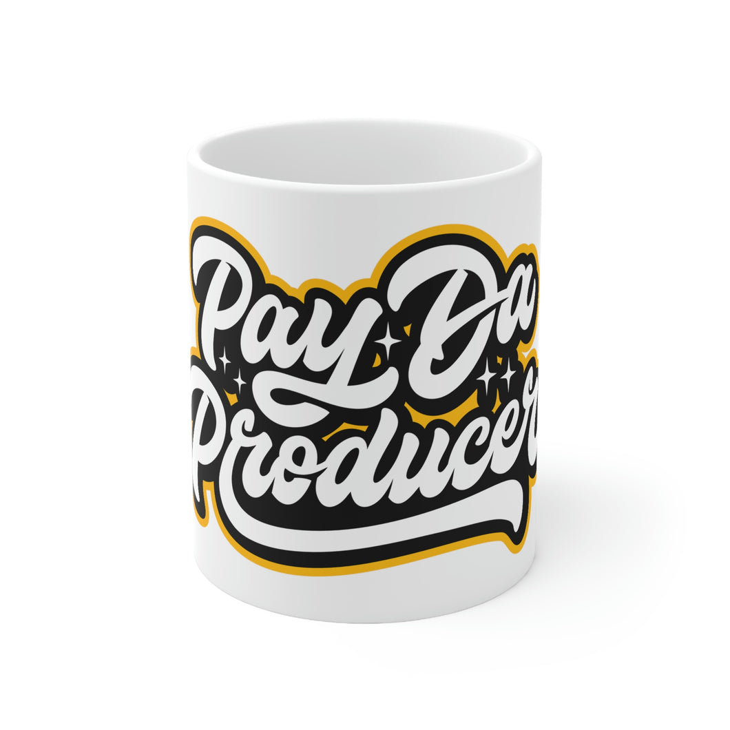 white 11oz mug with Pay Da Producer logo on the front