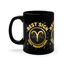 Load image into Gallery viewer, Pay Da Producer Aries Best zodiac sign best producer black 11oz mug, stars and music notes surrounding an Aries logo
